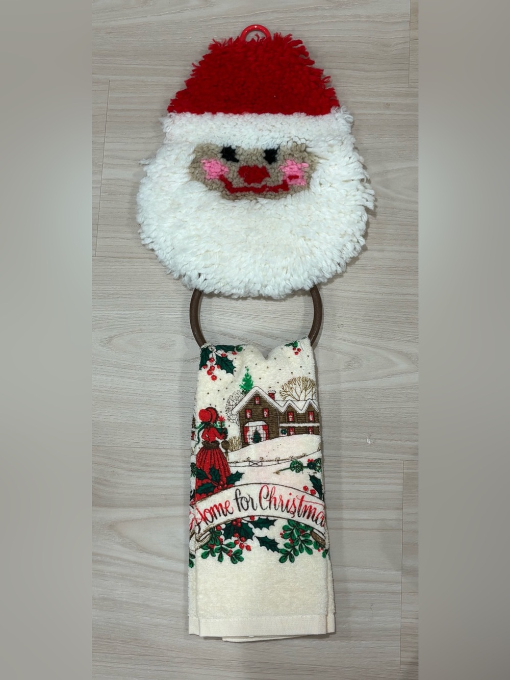 Handmade Hooked Hand Towel Holder Santa Christmas Cottage Core